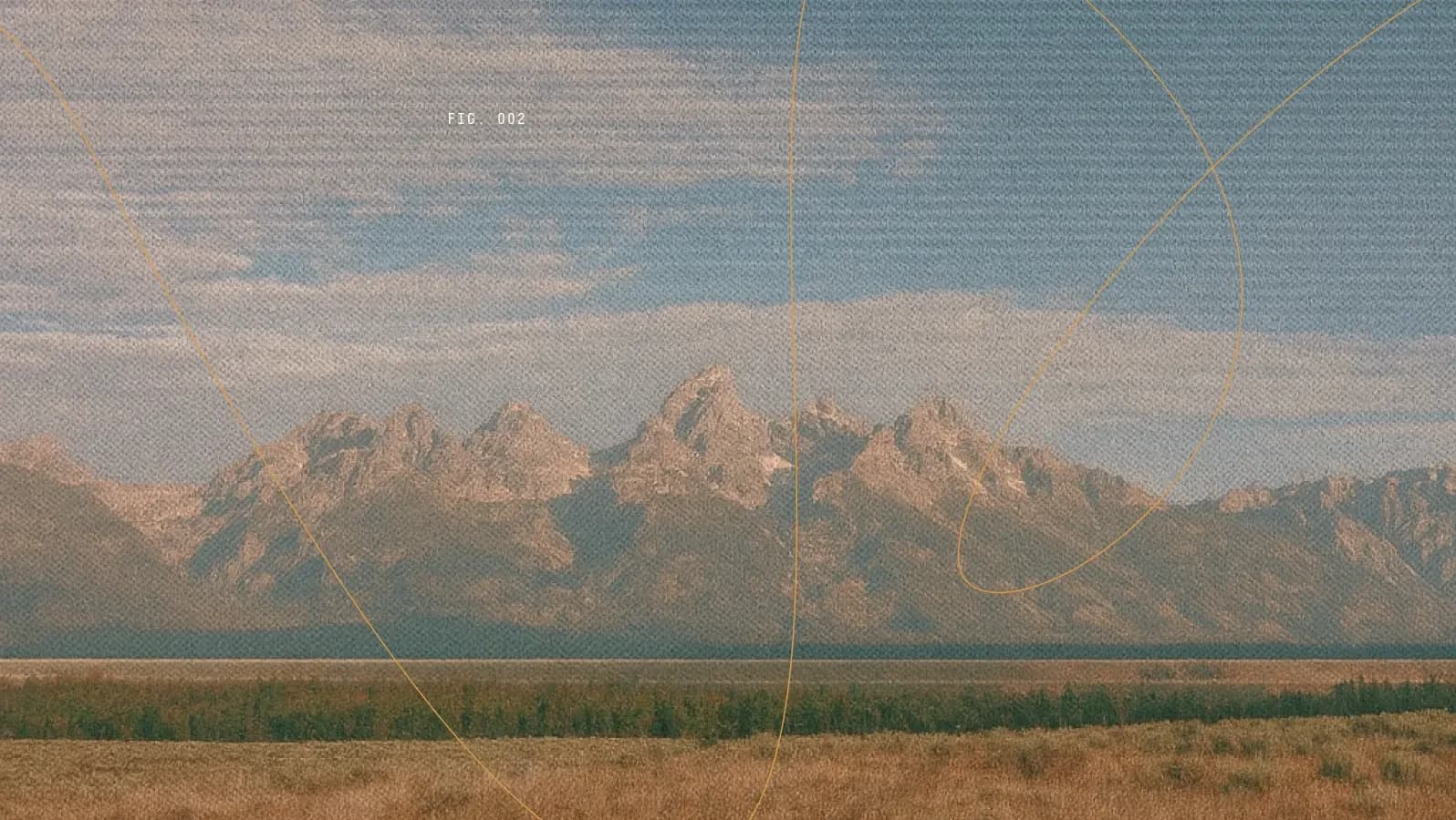 Wide mountain range beneath a cloudy sky with subtle geometric overlay graphics.