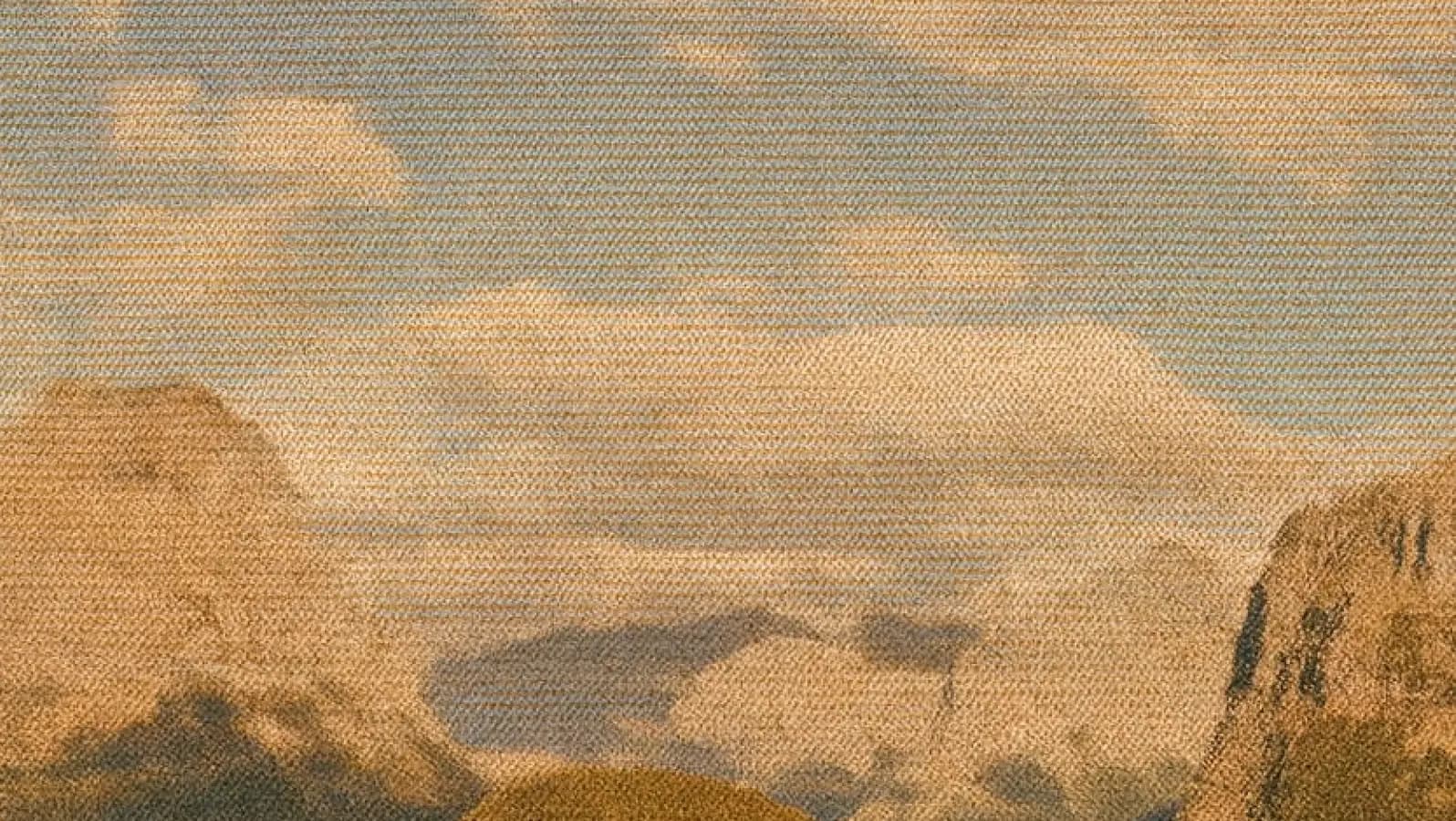 Distant rocky peaks beneath layered clouds in a watercolor style